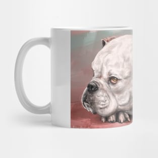 Painting of a White Bulldog Lying on the Floor. Red, Turquoise Background Mug